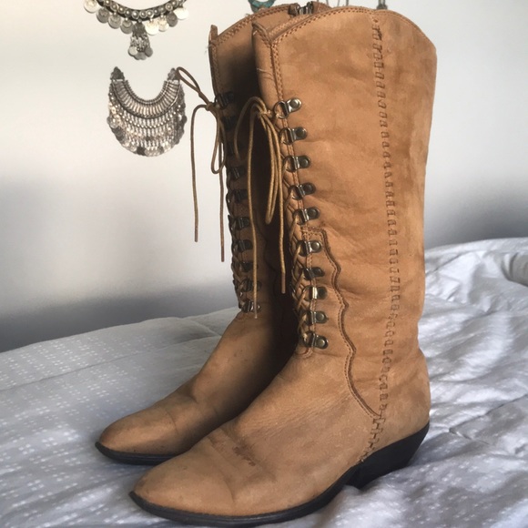 Zodiac Shoes - Vintage 70s Zodiac Bohemian Lace Up Boots